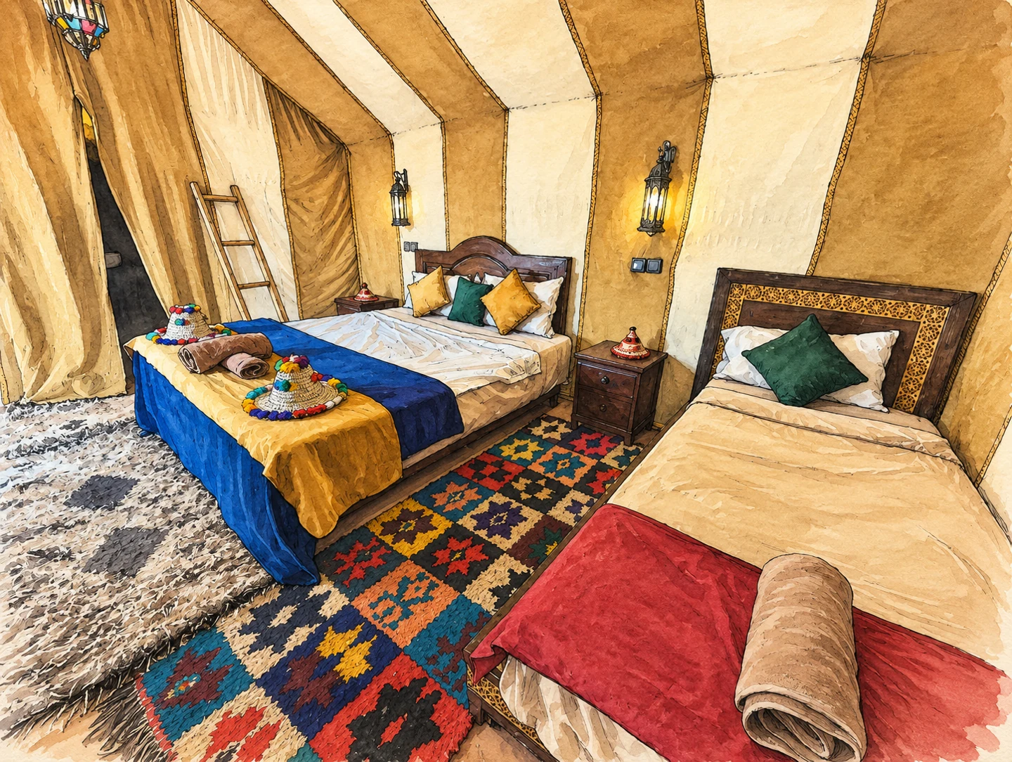 Desert Camp Erg Chebbi — Illustration based on a real photograph of the property on Booking.com. Desert Camp Erg Chebbi — Illustration based on a real photograph of the property on Booking.com.