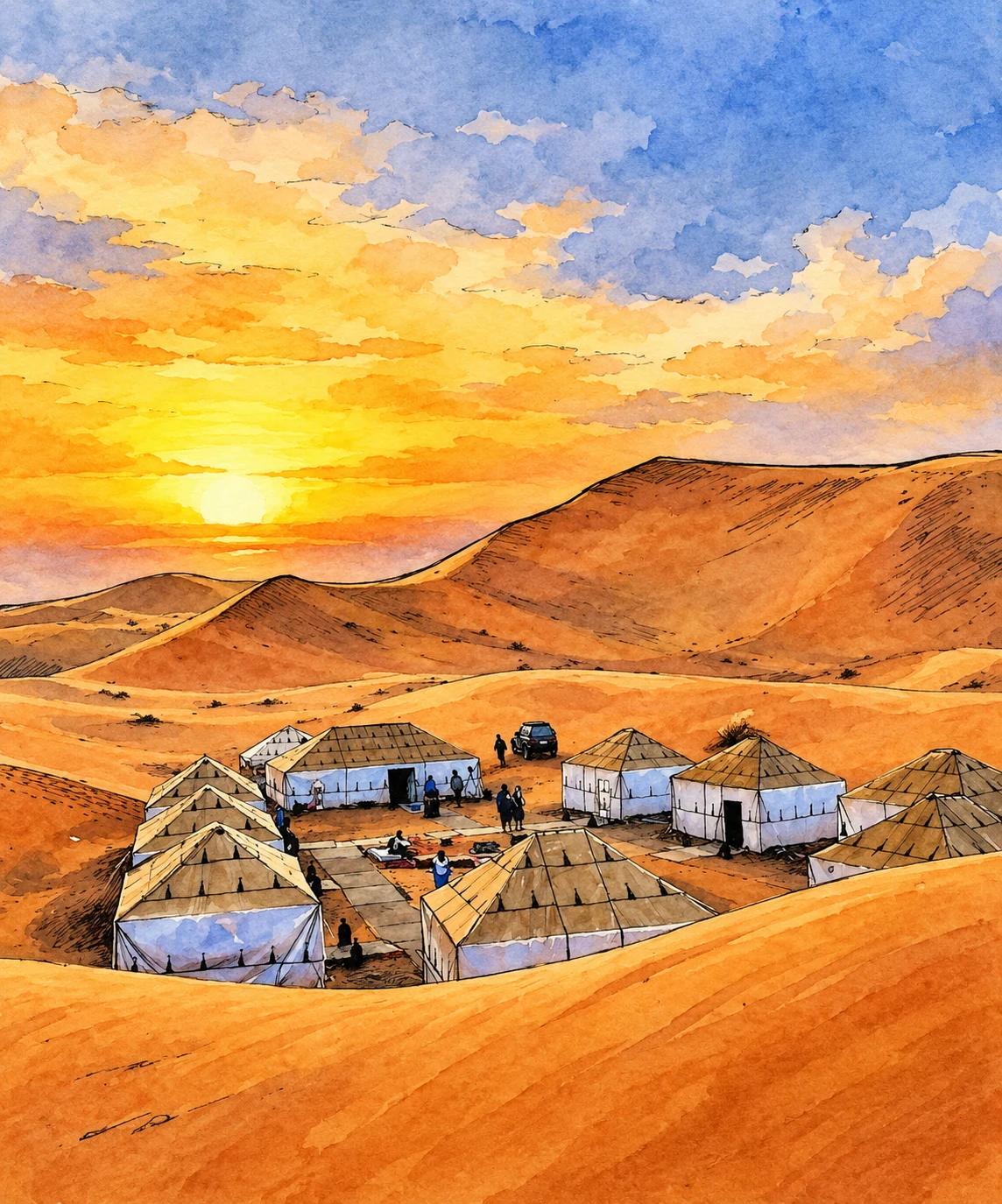 Merzouga Luxury Camp — Illustration based on a real photograph of the property on Booking.com. Merzouga Luxury Camp — Illustration based on a real photograph of the property on Booking.com.