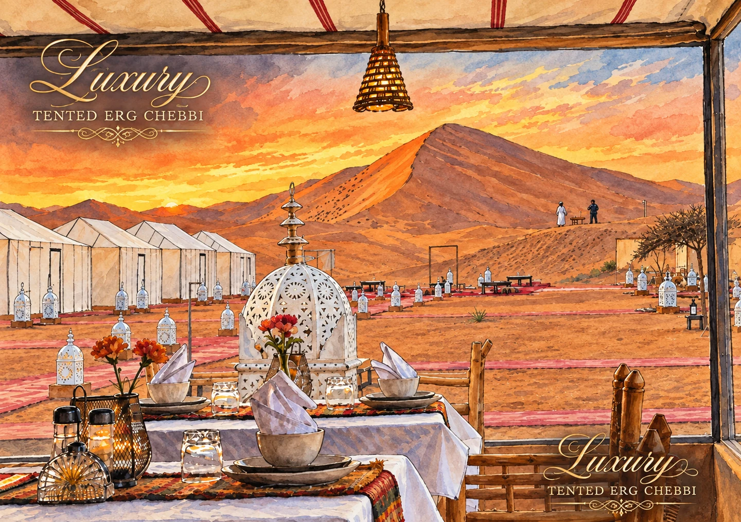 Luxury Tented Erg Chebbi — Illustration based on a real photograph of the property on Booking.com. Luxury Tented Erg Chebbi — Illustration based on a real photograph of the property on Booking.com.