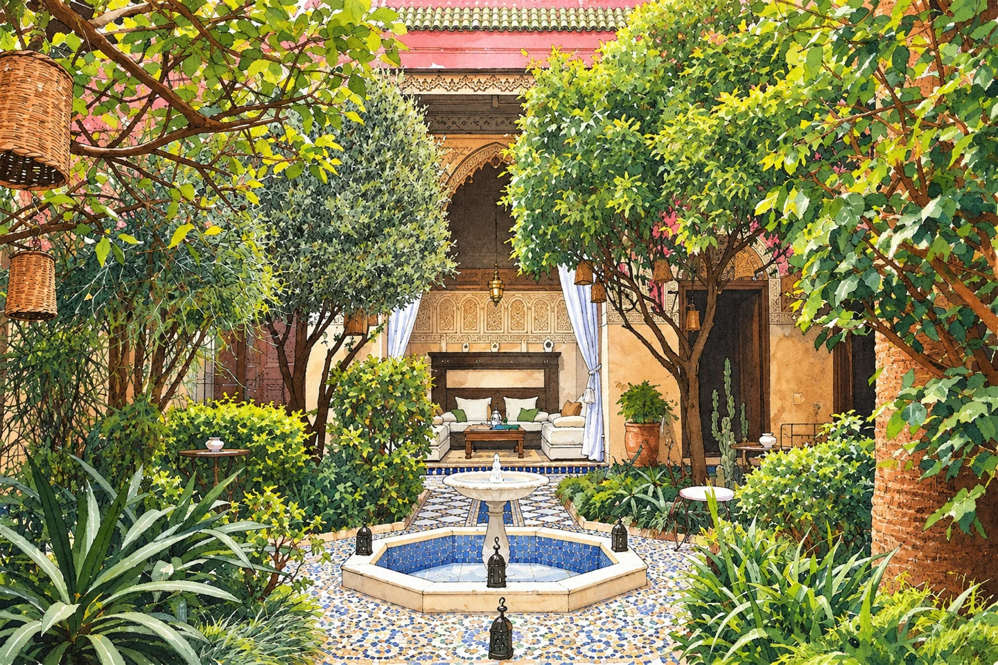 Riad L'Aziza — Illustration based on a real photograph of the property on Booking.com. Riad L'Aziza — Illustration based on a real photograph of the property on Booking.com.